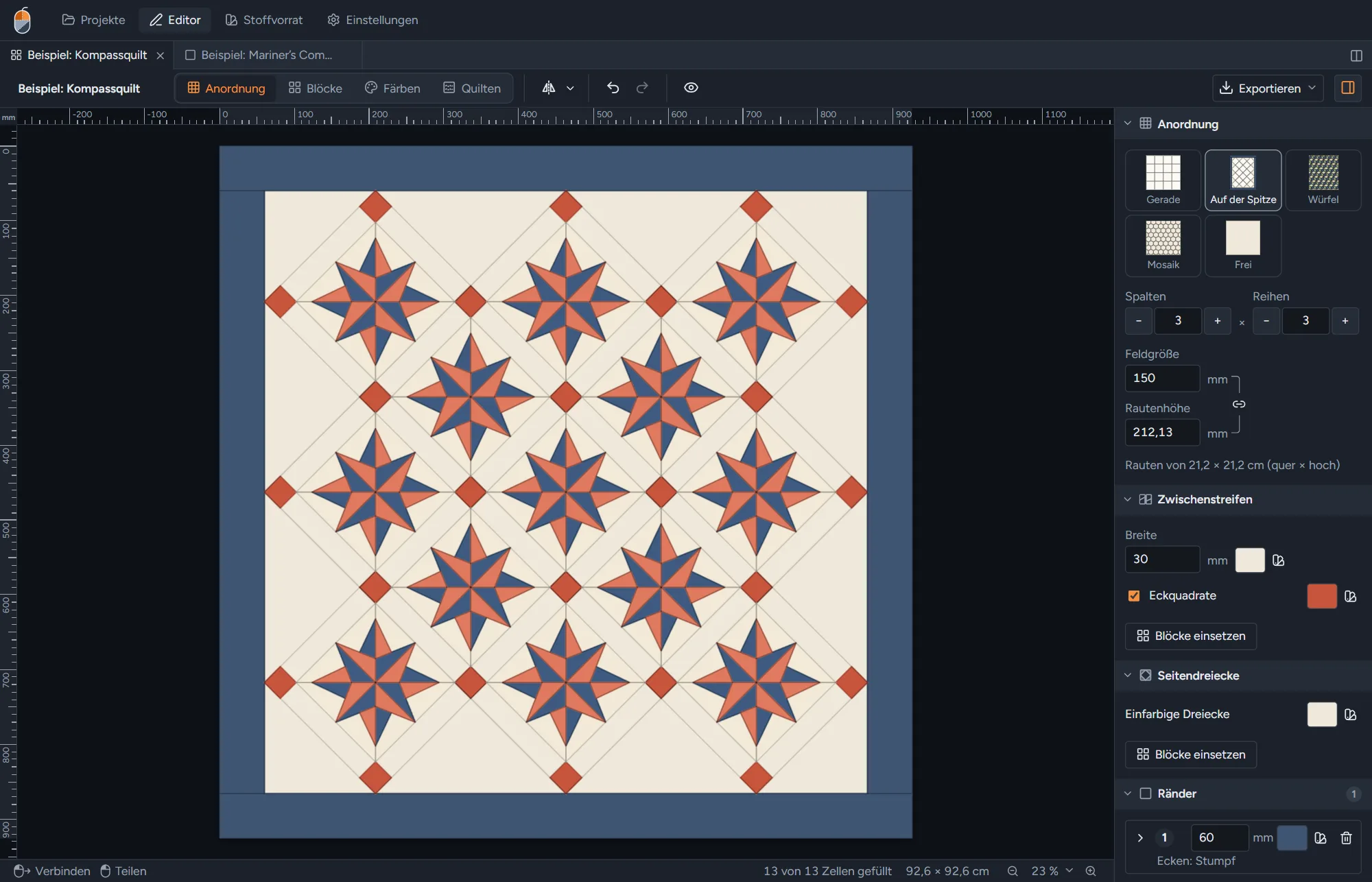 Derselbe Quilt auf der Spitze, mit Randdreiecken und Eckquadraten in Koralle.