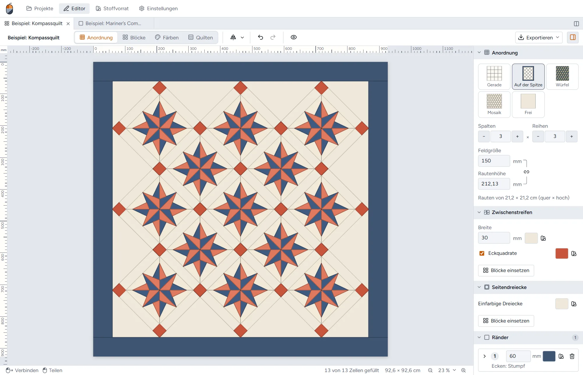Derselbe Quilt auf der Spitze, mit Randdreiecken und Eckquadraten in Koralle.
