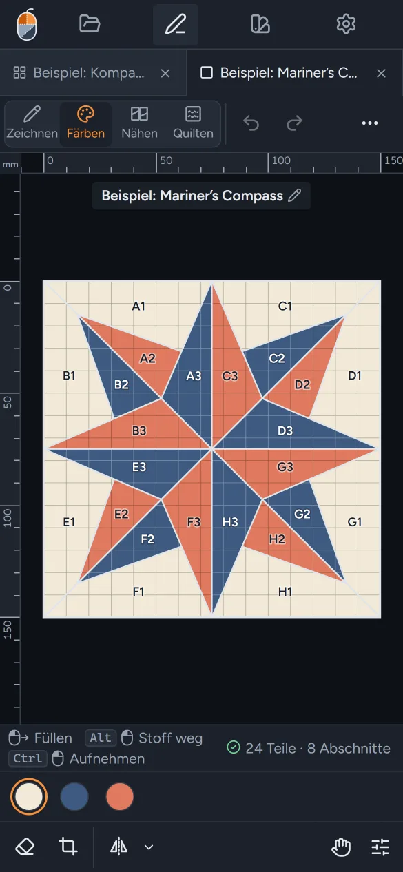 Der Block-Editor auf einem Handy beim Einfärben des Mariner’s Compass.