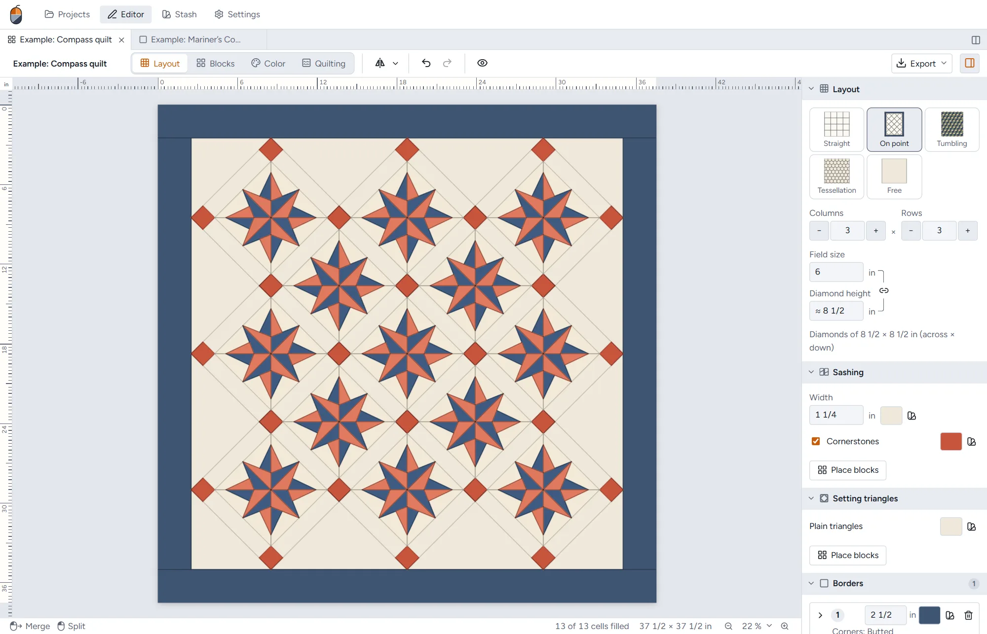 The same quilt set on point, with setting triangles and coral cornerstones.