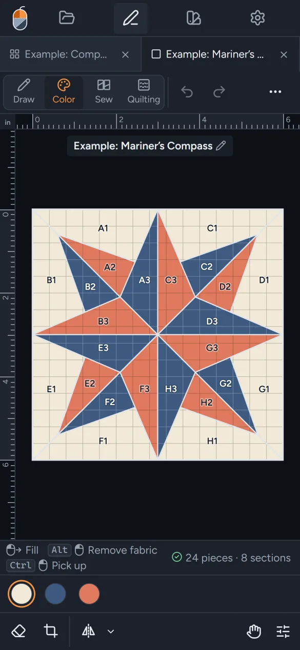 The block editor on a phone, coloring the Mariner’s Compass.