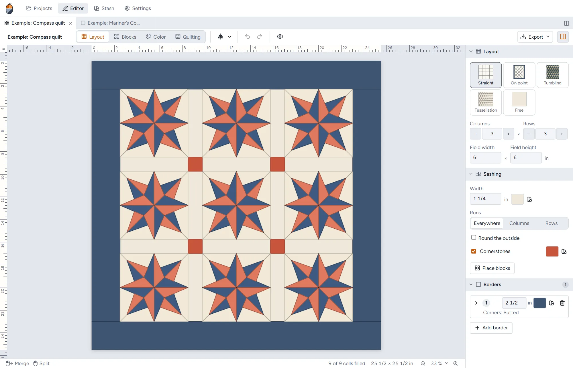 A quilt of nine Mariner’s Compass blocks with cream sashing, coral cornerstones and a navy border, with the layout settings beside it.